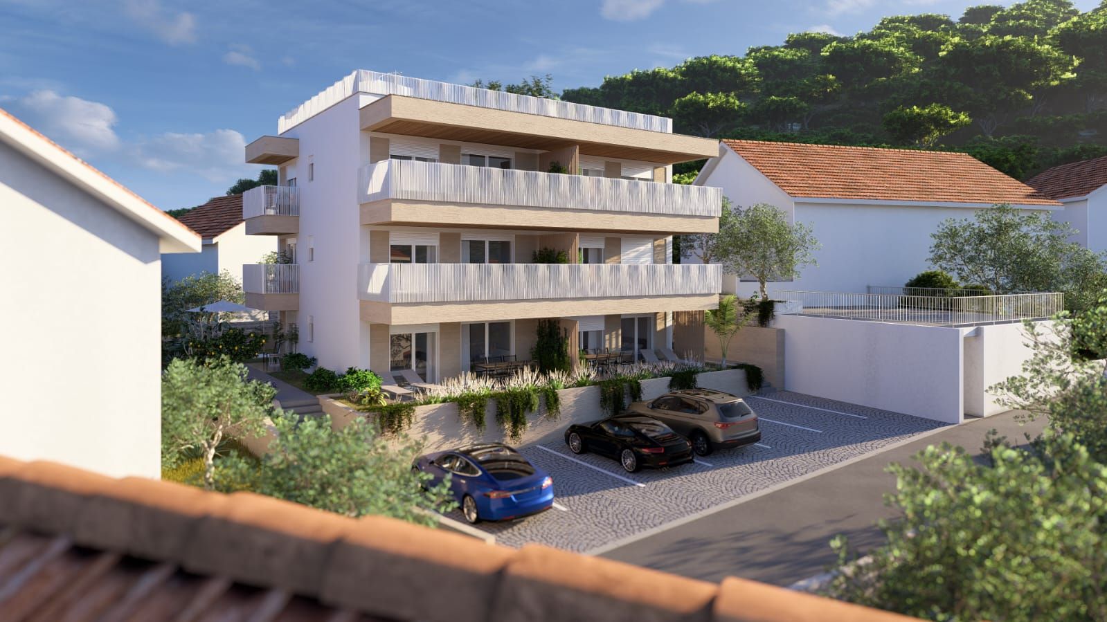 U IZGRADNJI*** Dvosobni stan u prizemlju 74 m2 + 16 m2, 5 min od mora